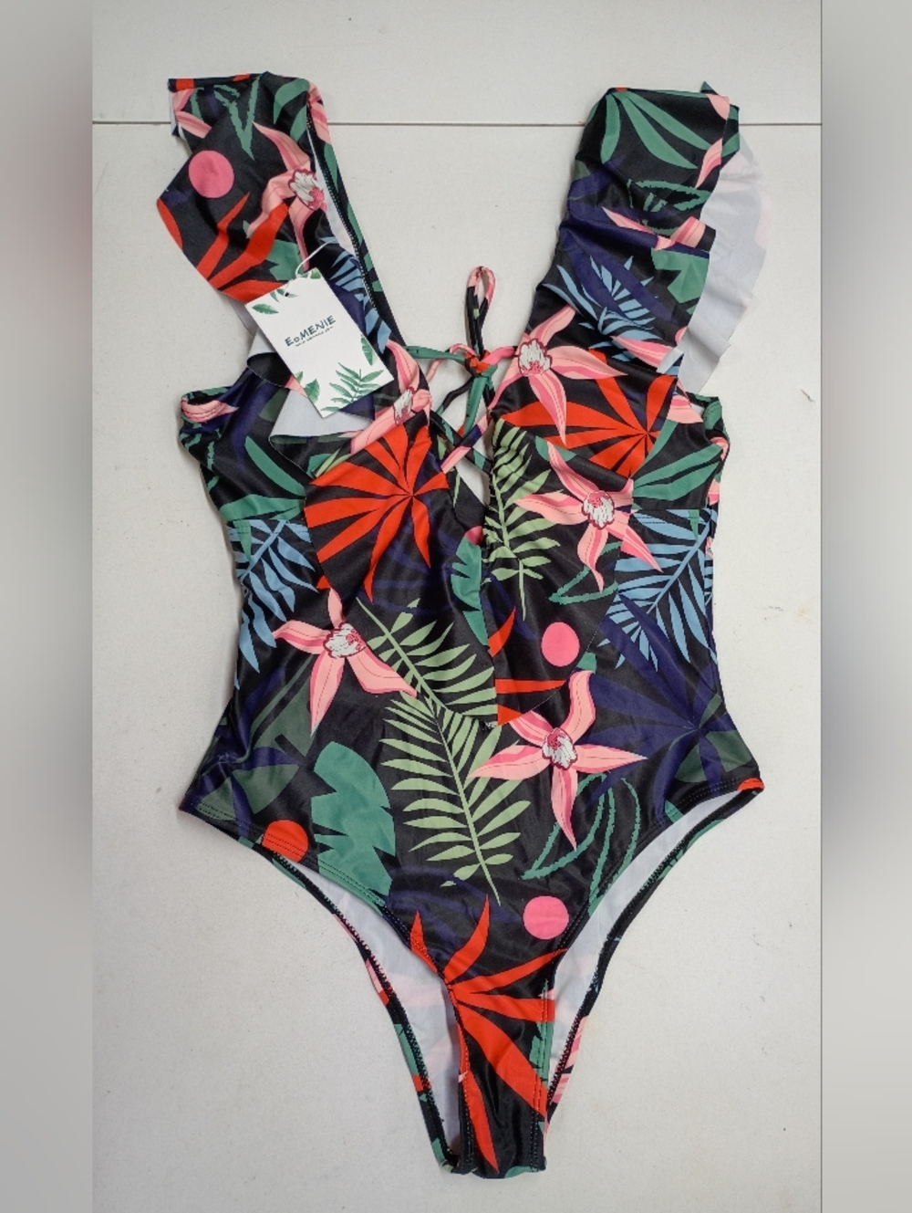 Eomenie Tropical Print One-piece Swimsuit Women's Sz L Padded Criss Cross Front